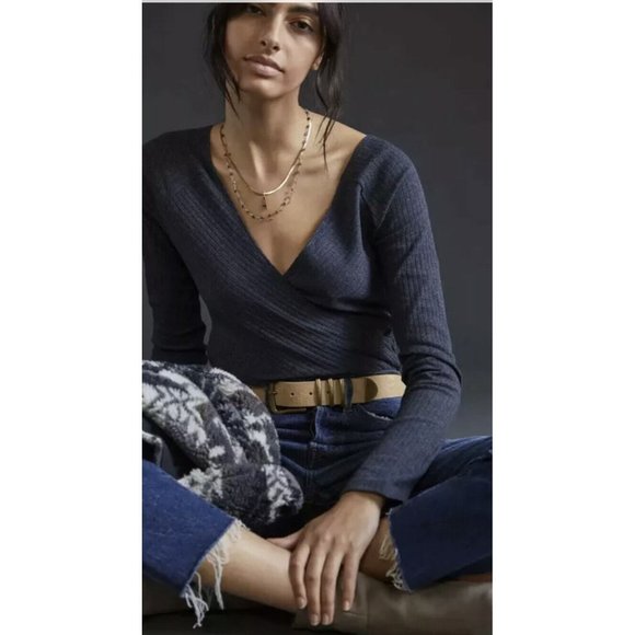 Anthropologie Maeve Dark Gray Ribbed Knit V Neck Top Size XL New NWT RARE HTF - Picture 3 of 7